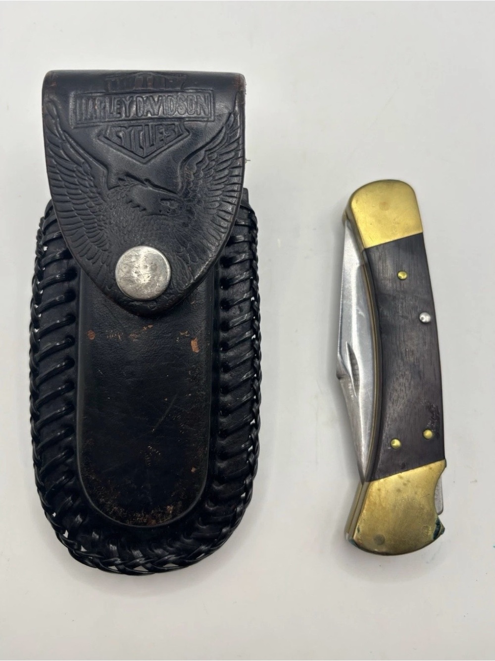 Vintage BUCK 110 folding pocket KNIFE USA Harley Davidson leather sheath